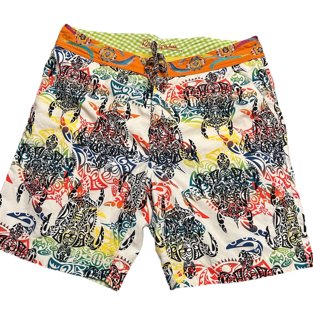 ROBERT GRAHAM Multicolor Turtle Print Embroidered Waist Swim Trunks Boar…